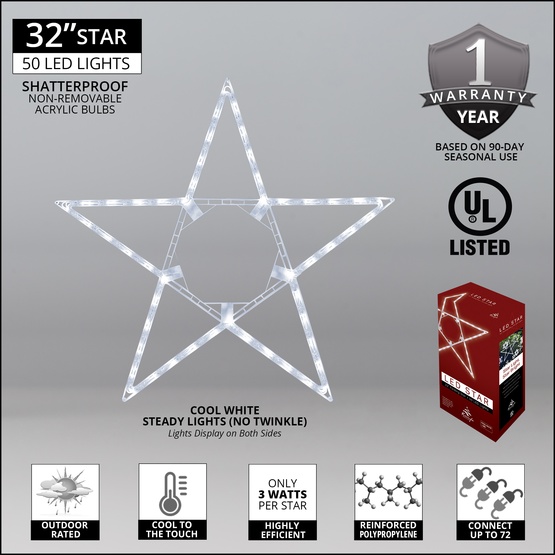 32" LED Folding Star Decoration, 50 Cool White Lights