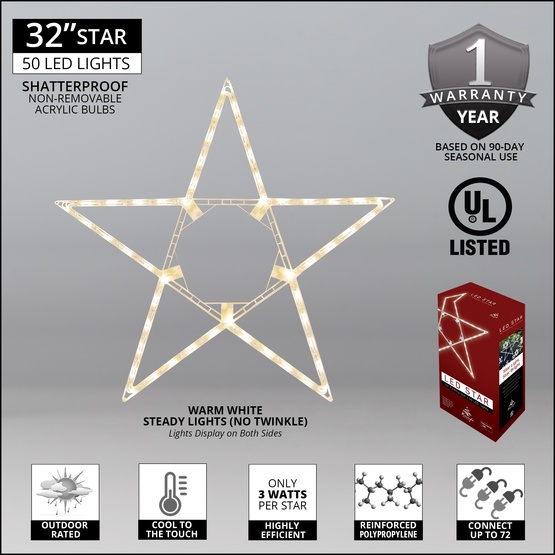 32" LED 5 Point Folding Star, Warm White Lights 