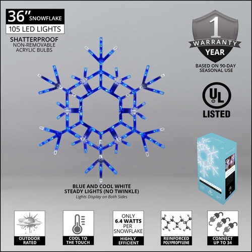 36" LED Folding Snowflake, Blue and Cool White Lights 