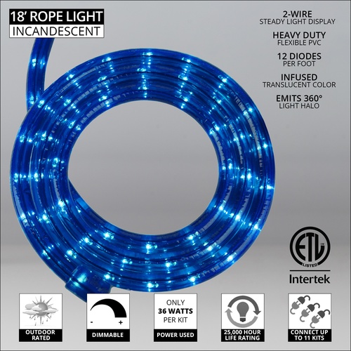 18' Blue Rope Light, 2 Wire 1/2", 120 Volt