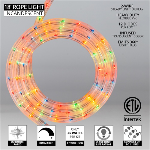 Rope Lighting 18' Multicolor Rope Light, 120 Volt