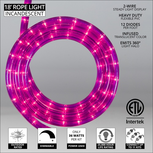 18' Purple Rope Light, 2 Wire 1/2", 120 Volt