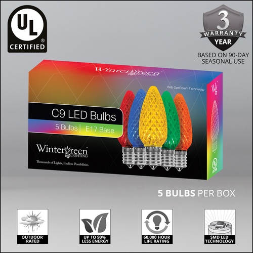 5Pack, C9 Multicolor OptiCore LED Christmas Light Replacement Bulbs