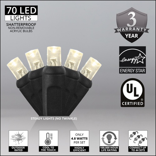 70 5mm Warm White LED Christmas Lights, 4" Spacing, Black Wire