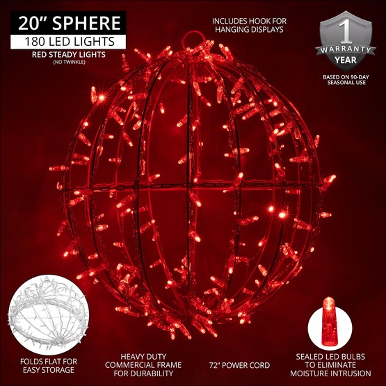 20" Red LED, Commercial Mega Sphere Christmas Light Ball, Fold Flat