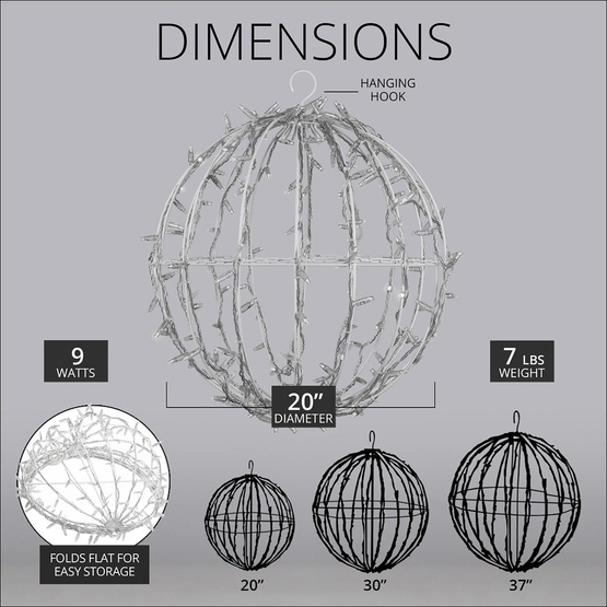 20" Cool White LED, Commercial Mega Sphere Christmas Light Ball, Fold Flat