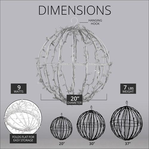 20" Cool White LED, Commercial Mega Sphere Christmas Light Ball, Fold Flat