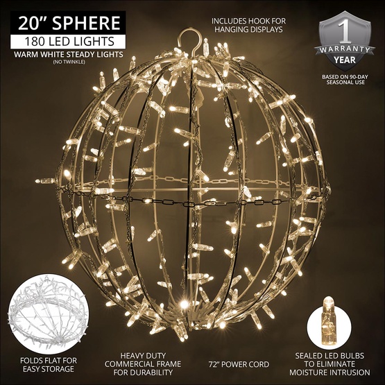 20" Warm White LED, Commercial Mega Sphere Christmas Light Ball, Fold Flat
