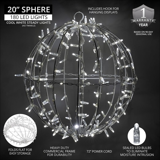 20" Cool White LED, Commercial Mega Sphere Christmas Light Ball, Fold Flat