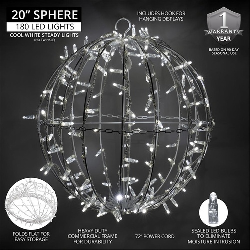 20" Cool White LED, Commercial Mega Sphere Christmas Light Ball, Fold Flat