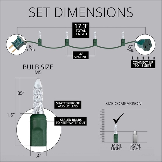 50 M5 Cool White LED Christmas Lights, 4" Spacing