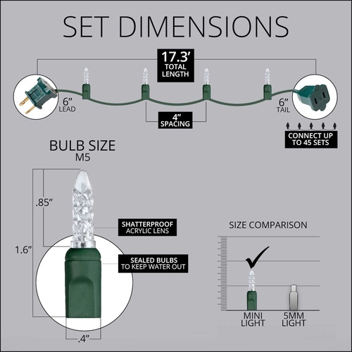 50 M5 Cool White LED Christmas Lights, 4" Spacing