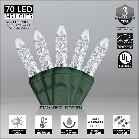 70 M5 Cool White LED Christmas Lights, 4" Spacing