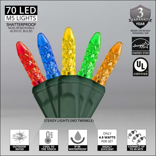 70 M5 Multi Color LED Christmas Lights, 4" Spacing