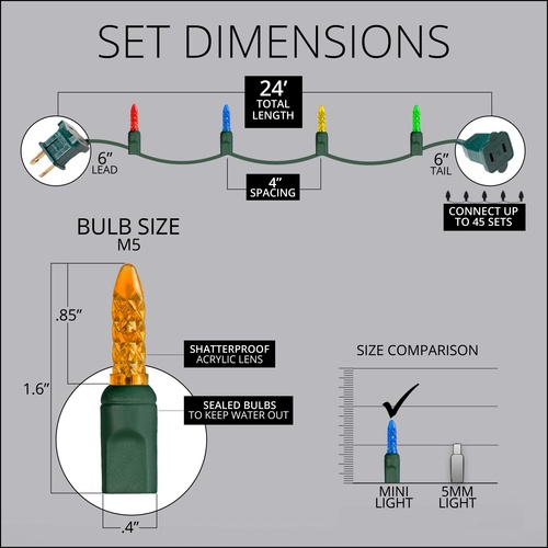 70 M5 Multi Color LED Christmas Lights, 4" Spacing