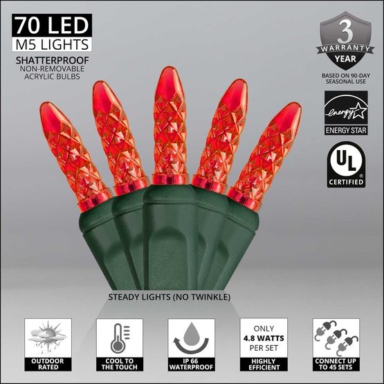 70 M5 Red LED Christmas Lights, 4" Spacing