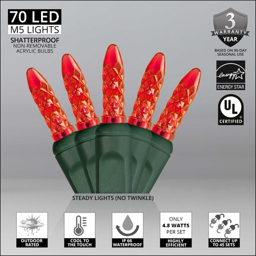 70 M5 Red LED Christmas Lights, 4" Spacing