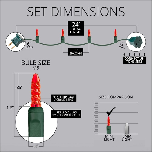 70 M5 Red LED Christmas Lights, 4" Spacing
