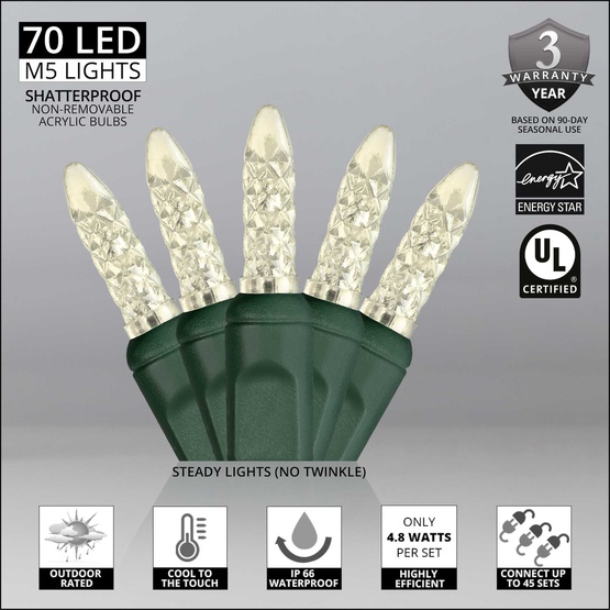 70 M5 Warm White LED Christmas Lights, 4" Spacing