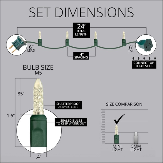70 M5 Warm White LED Christmas Lights, 4" Spacing
