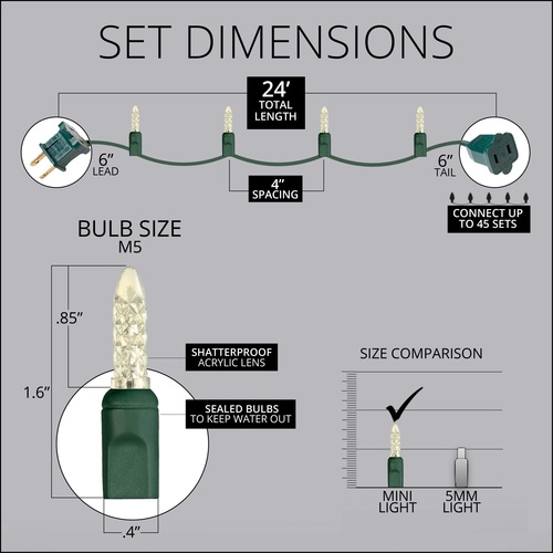 70 M5 Warm White LED Christmas Lights, 4" Spacing
