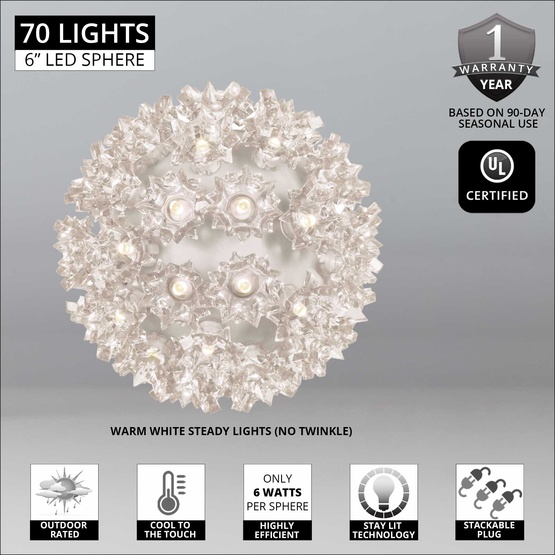 6" Warm White 5mm LED Starlight Sphere, 70 Lights
