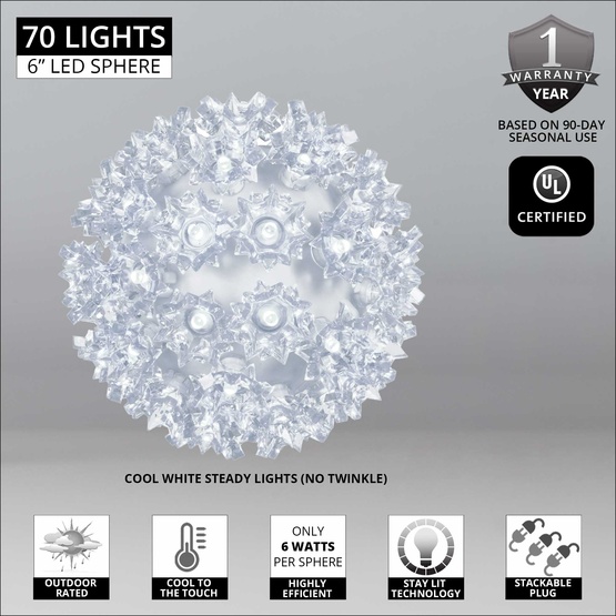 6" Cool White 5mm LED Starlight Sphere, 70 Lights