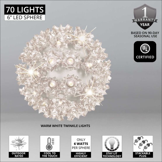 6" Warm White 5mm LED Twinkle Starlight Sphere, 70 Lights