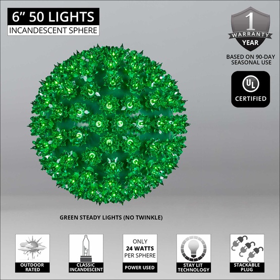 6" Green Incandescent Starlight Sphere, 50 Lights