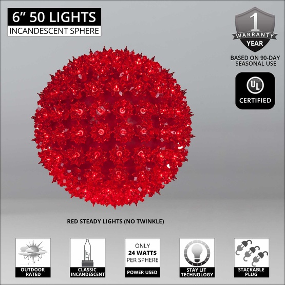 6" Red Incandescent Starlight Sphere, 50 Lights