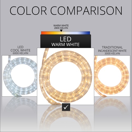 18' Warm White LED Rope Light, 2 Wire 1/2", 120 Volt