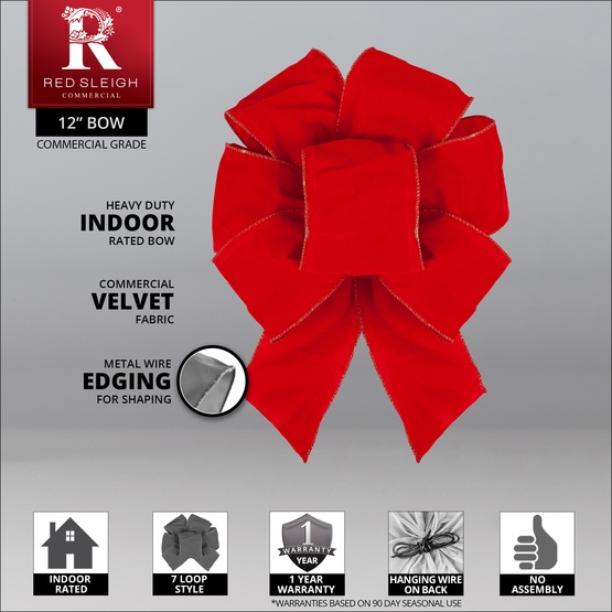 12" Red Puff Velvet 7-Loop Indoor Christmas Bow