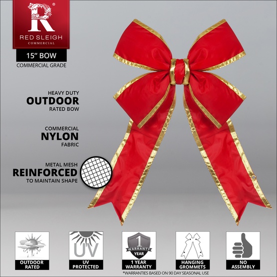15" Red with Gold Trim Structural 3D Nylon Christmas Bow