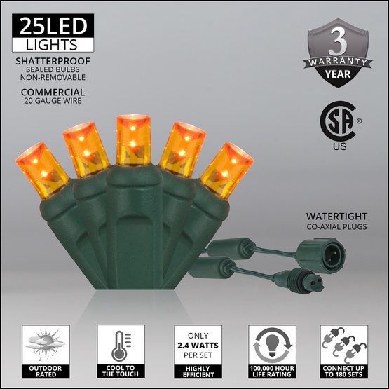 25 WeatherPRO TM 5mm Amber LED Christmas Lights, 4" Spacing