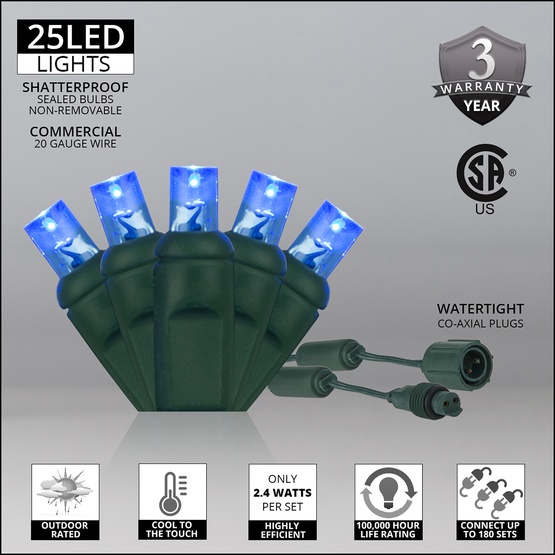 25 WeatherPRO TM 5mm Blue LED Christmas Lights, 4" Spacing