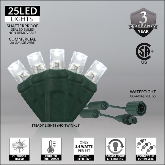 25 WeatherPRO TM 5mm Cool White LED Christmas Lights, 4" Spacing