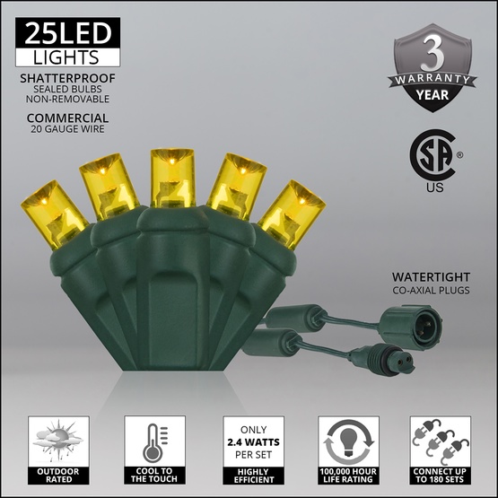 25 WeatherPRO TM 5mm Gold LED Christmas Lights, 4" Spacing