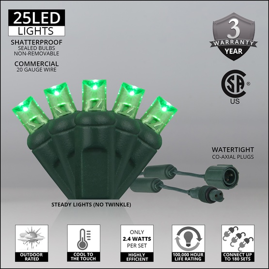 25 WeatherPRO TM 5mm Green LED Christmas Lights, 4" Spacing