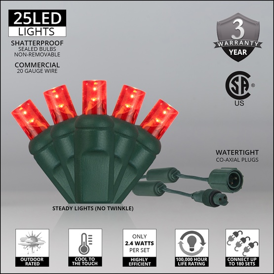 25 WeatherPRO TM 5mm Red LED Christmas Lights, 4" Spacing