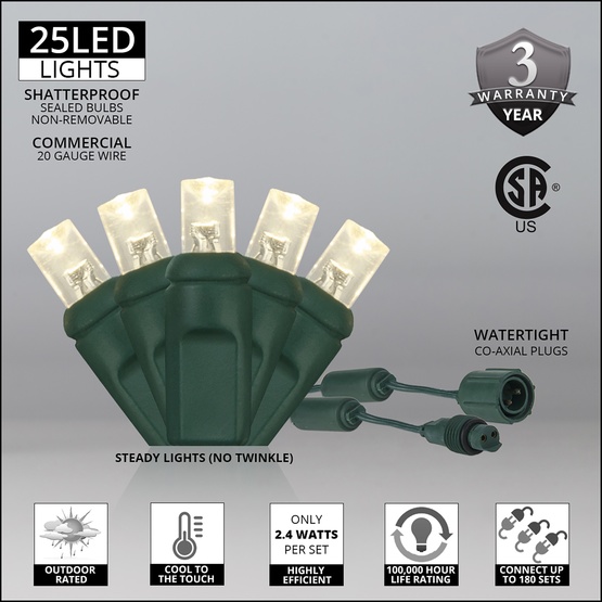 25 WeatherPRO TM 5mm Warm White LED Christmas Lights, 4" Spacing