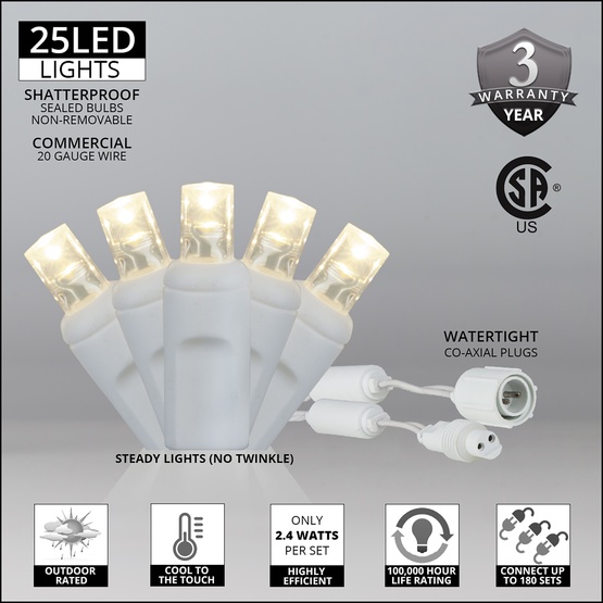 25 WeatherPRO TM 5mm Warm White LED Christmas Lights, 4" Spacing, White Wire