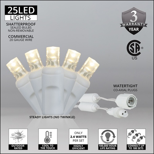 25 WeatherPRO TM 5mm Warm White LED Christmas Lights, 4" Spacing, White Wire