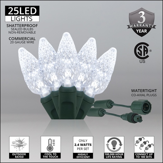 Commercial 25 C6 Cool White LED String Lights, 4" Spacing