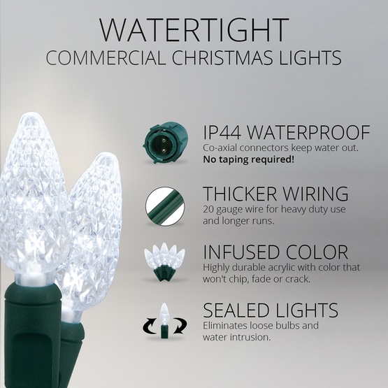 Commercial 25 C6 Cool White LED String Lights, 4" Spacing