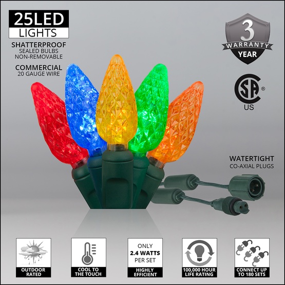 Commercial 25 C6 Multi Color LED String Lights, 6" Spacing