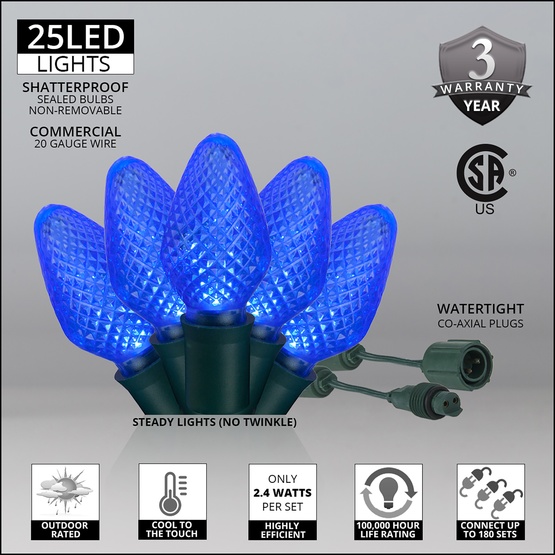 Commercial 25 C7 Blue LED Christmas Lights, 6" Spacing