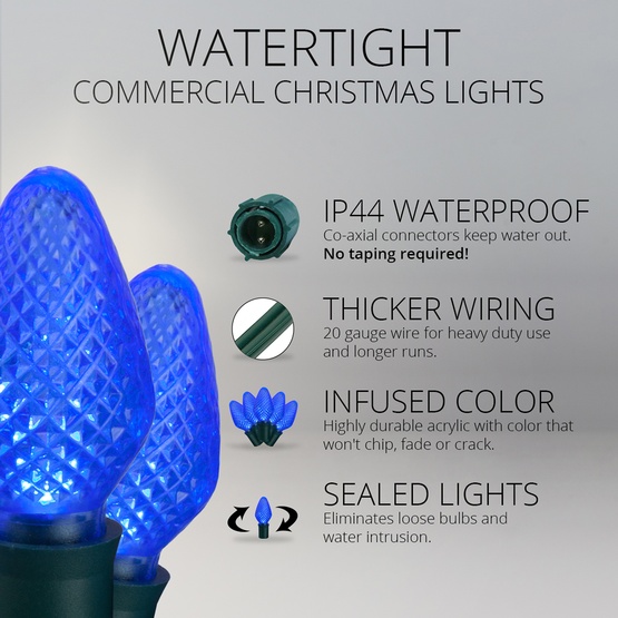 Commercial 25 C7 Blue LED Christmas Lights, 6" Spacing