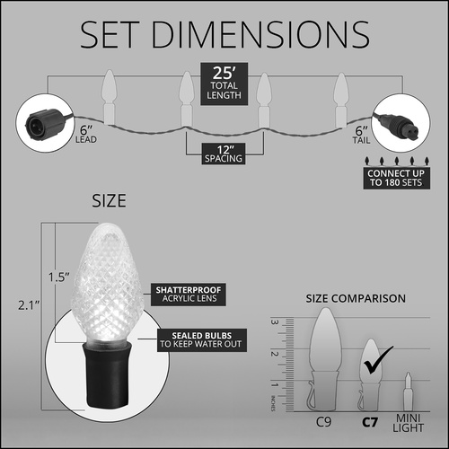 Commercial 25 C7 Red LED Christmas Lights, 12" Spacing