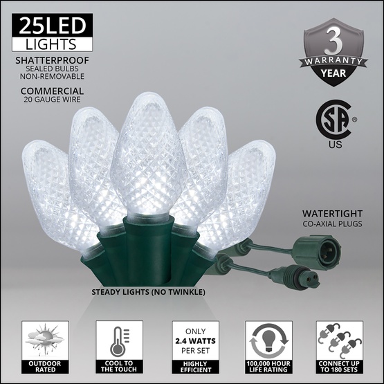 Commercial 25 C7 Cool White LED Christmas Lights, 12" Spacing