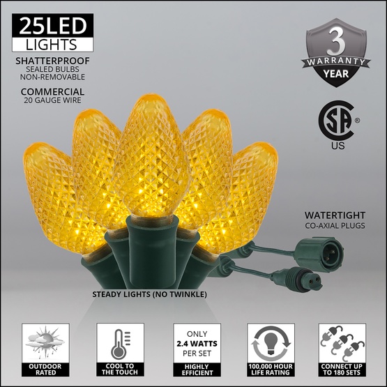 Commercial 25 C7 Gold LED Christmas Lights, 12" Spacing